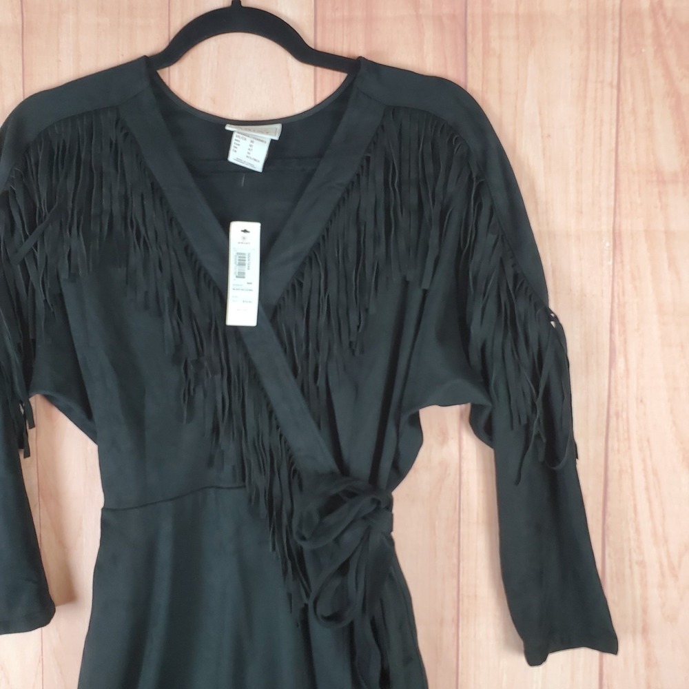 Ariat Hills Wrap Dress Womens 10 Black V Neck Fringe Detail Asymmetrical Hem - Picture 3 of 11